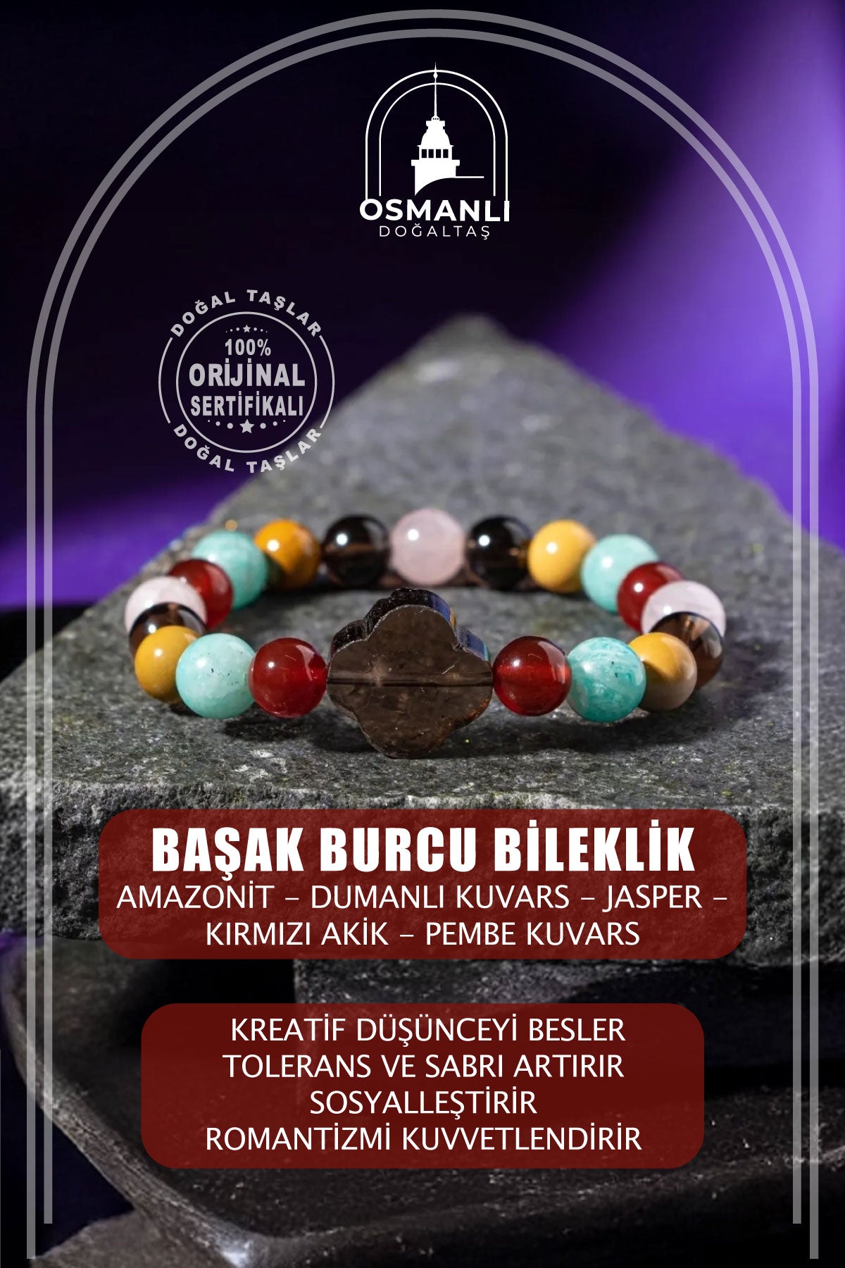 Başak Burcu Bileklik Amazonit, Dumanlı Kuvars, Jasper, Kırmızı Akik, Pembe Kuvars