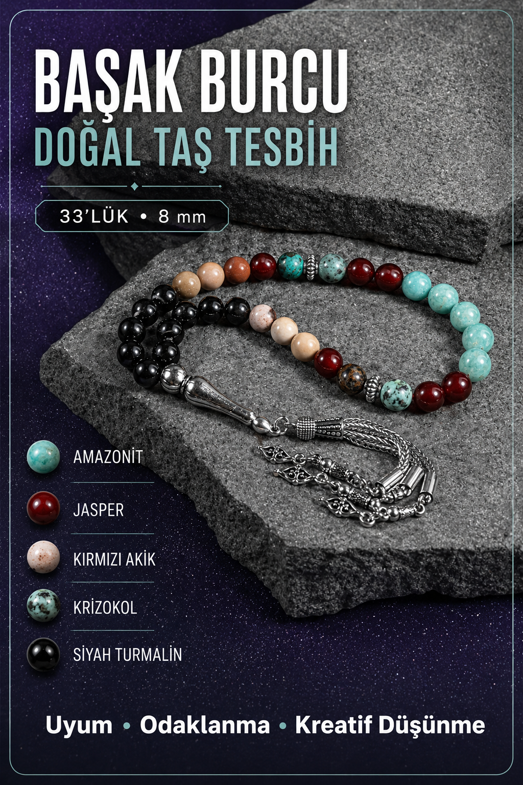 Başak Burcu Tesbih Amazonit, Jasper, Kırmızı Akik, Krizokol, Siyah Turmalin