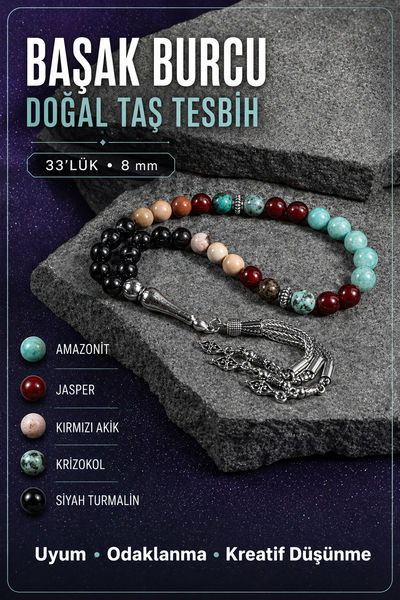 Başak Burcu Tesbih Amazonit, Jasper, Kırmızı Akik, Krizokol, Siyah Turmalin
