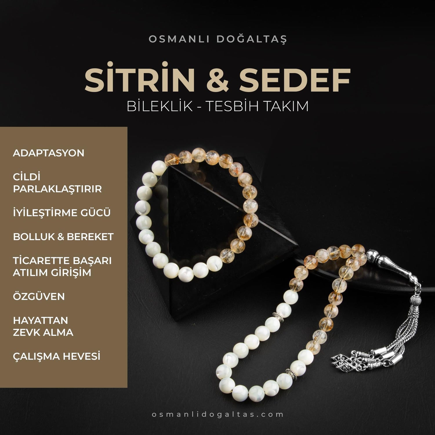 Sitrin-Sedef Doğal Taş Tesbih Bileklik Seti