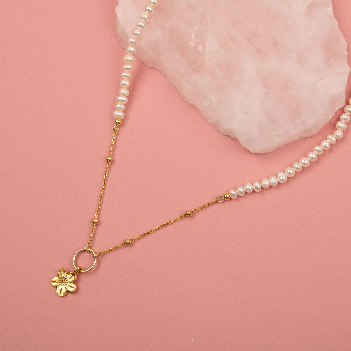 İnci Doğal Taş Gümüş Çiçekli Kolye