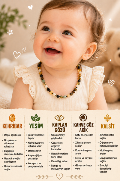 Sertifikalı Bebek Kehribar Kolye Kehribar - Yeşim - Kaplan Gözü - Kahve Göz Akik- Kalsit