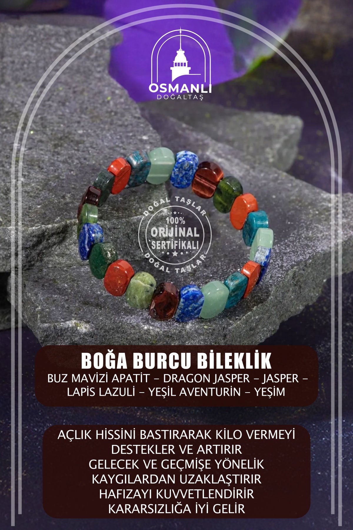 Boğa Burcu Bileklik Buz Mavizi Apatit, Dragon Jasper, Jasper, Lapis Lazuli, Yeşil Aventurin, Yeşim