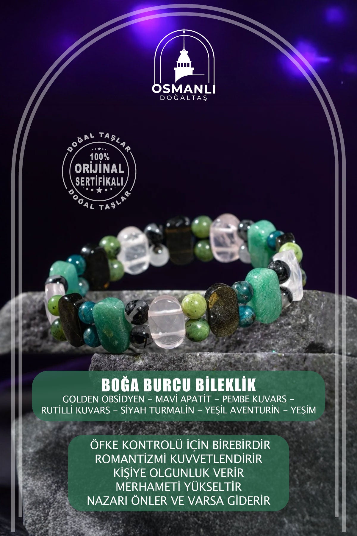 Boğa Burcu Bileklik Golden Obsidyen, Mavi Apatit, Pembe Kuvars, Rutilli Kuvars, Siyah Turmalin, Yeşil Aventurin, Yeşim