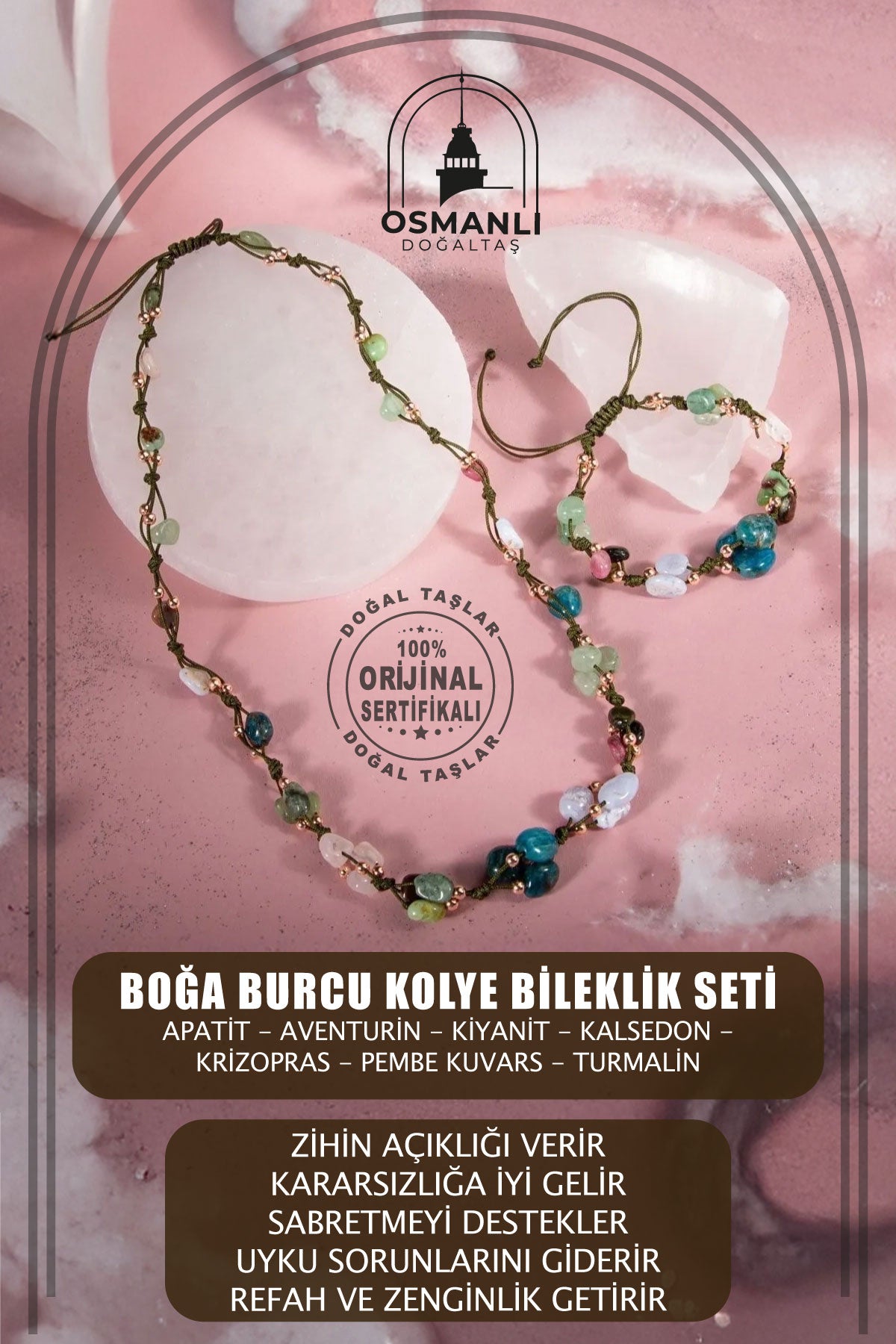 Boğa Burcu Doğal Taş Natürel Makrome Kolye Bileklik Seti Apatit Aventurin Kiyanit Kalsedon Krizopras Pembe Kuvars Turmalin