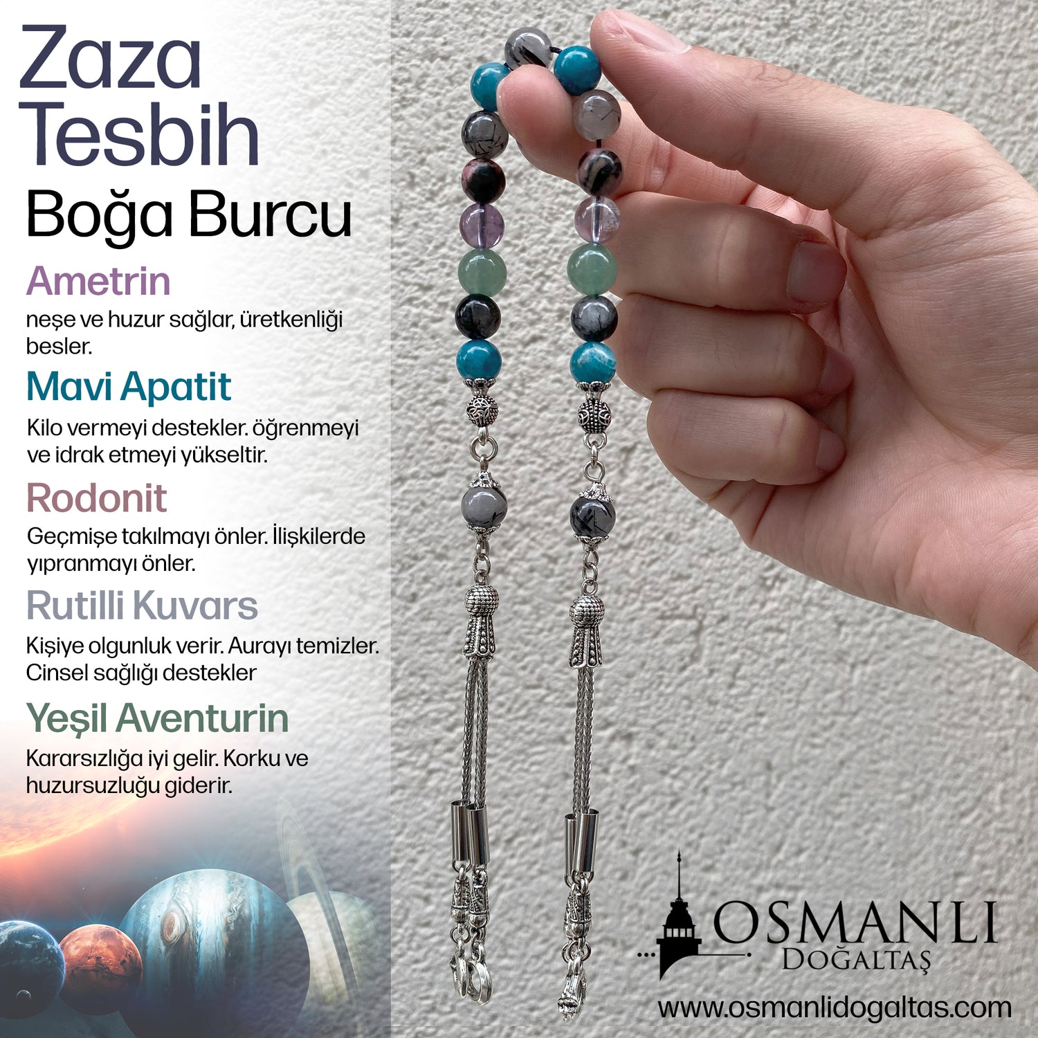 Boğa Burcu Zaza Tesbih Doğal Taş Ametrin, Mavi Apatit, Rodonit, Rutilli Kuvars, Yeşil Aventurin