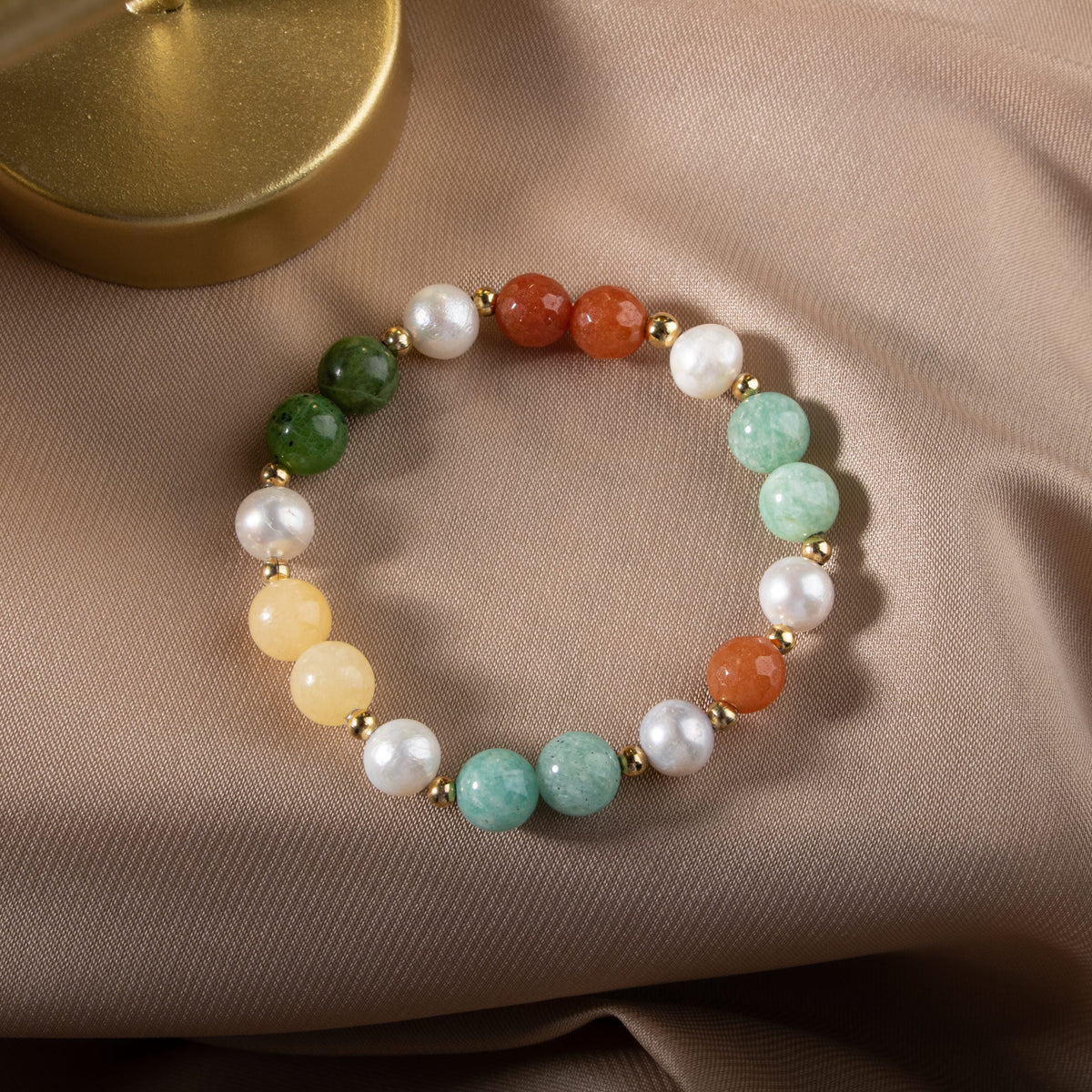 İnci-Turuncu Aventurin-Amazonit-Yeşim-Kalsit Doğal Taş Gümüş Bileklik