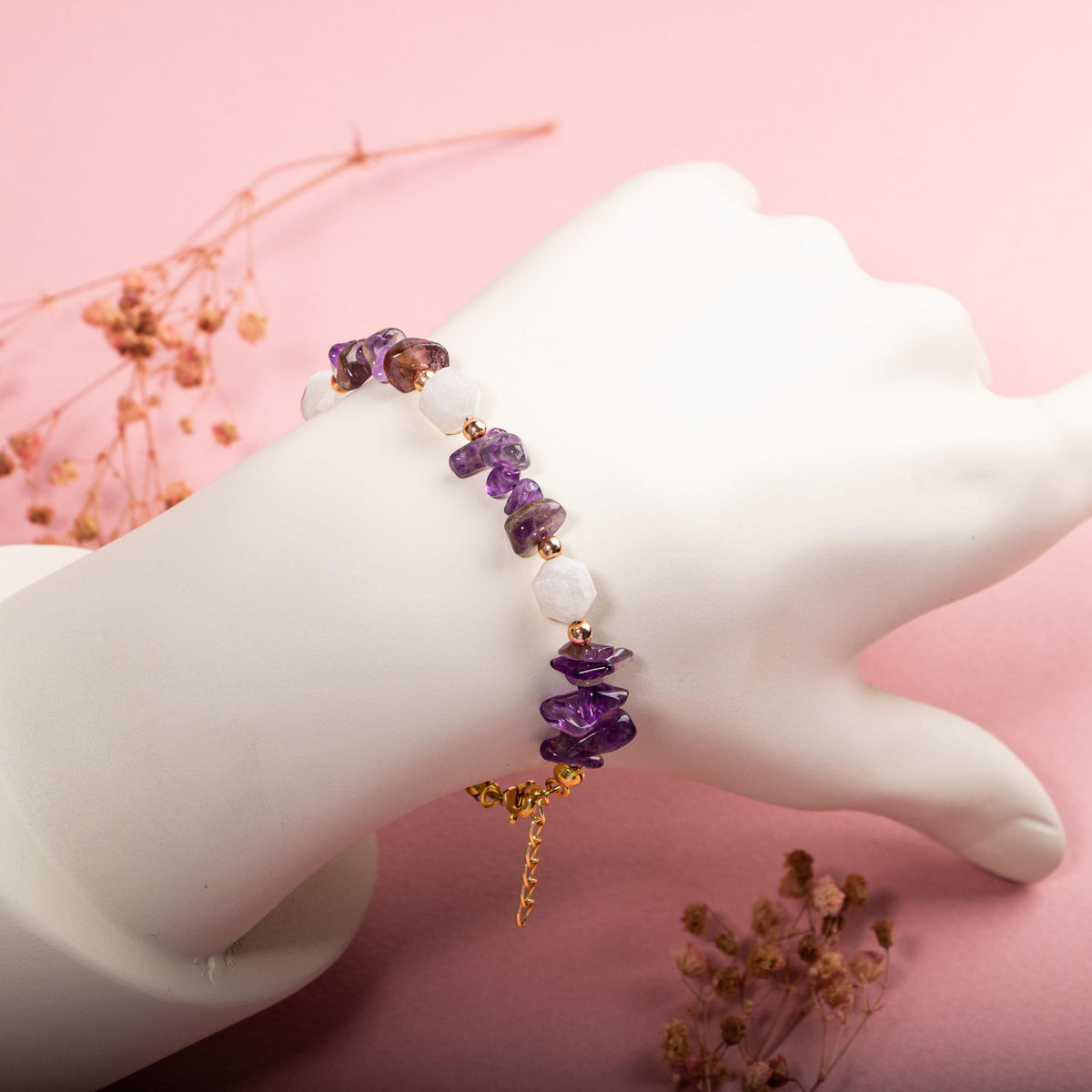 Ay Taşı-Ametist Doğal Taş Altın Kaplama Bileklik