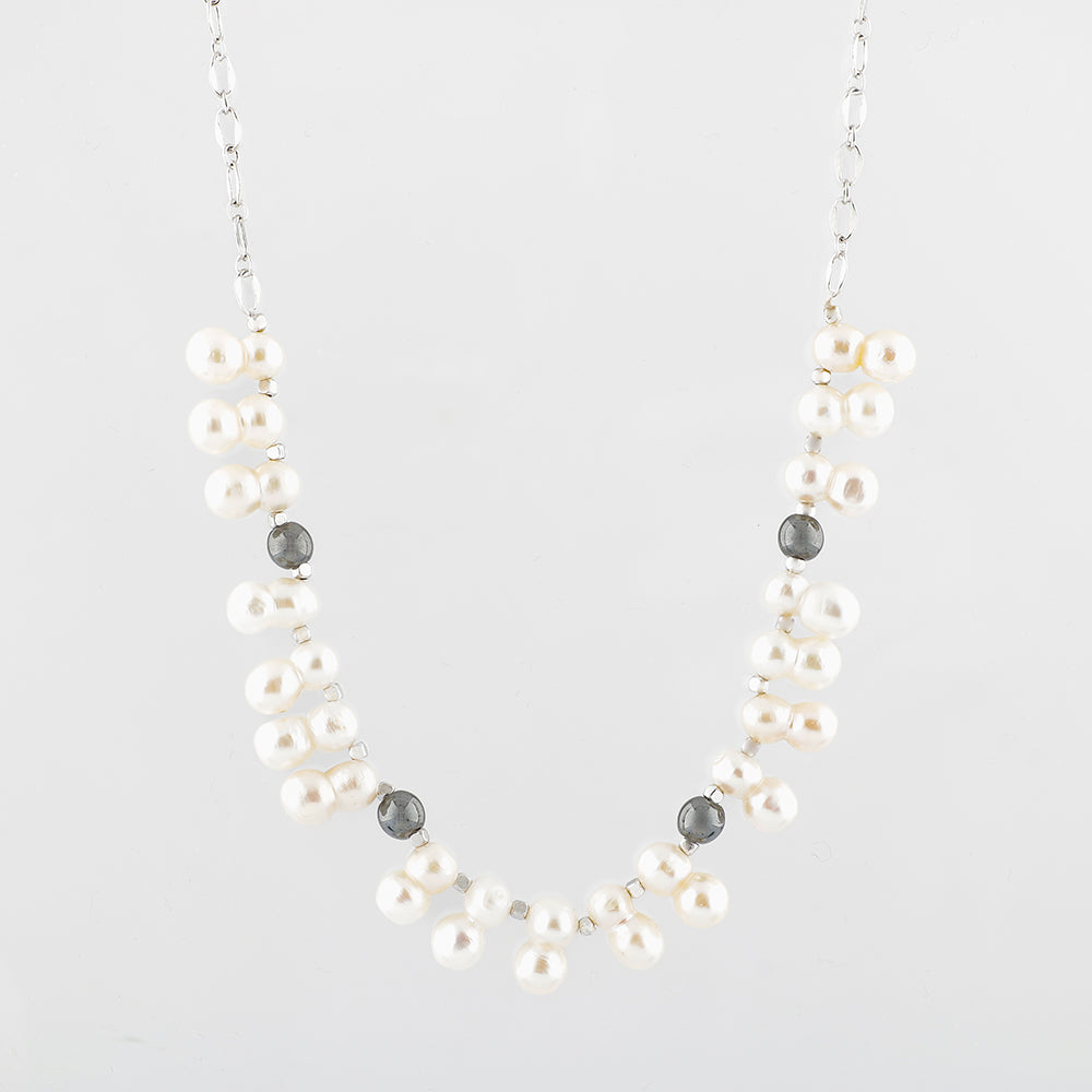 İkili Taş İnci-Hematit Doğal Taş Zincir Gümüş Kapama Kolye