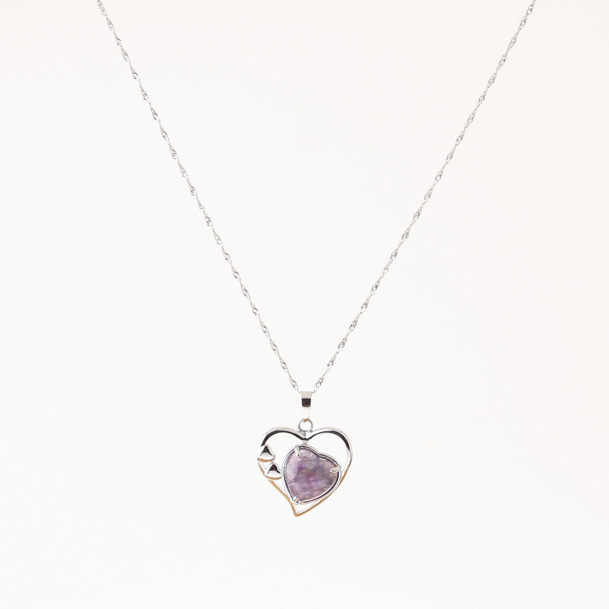 Ametist Doğal Taş Kalpli Kolye, Gümüş Zincir