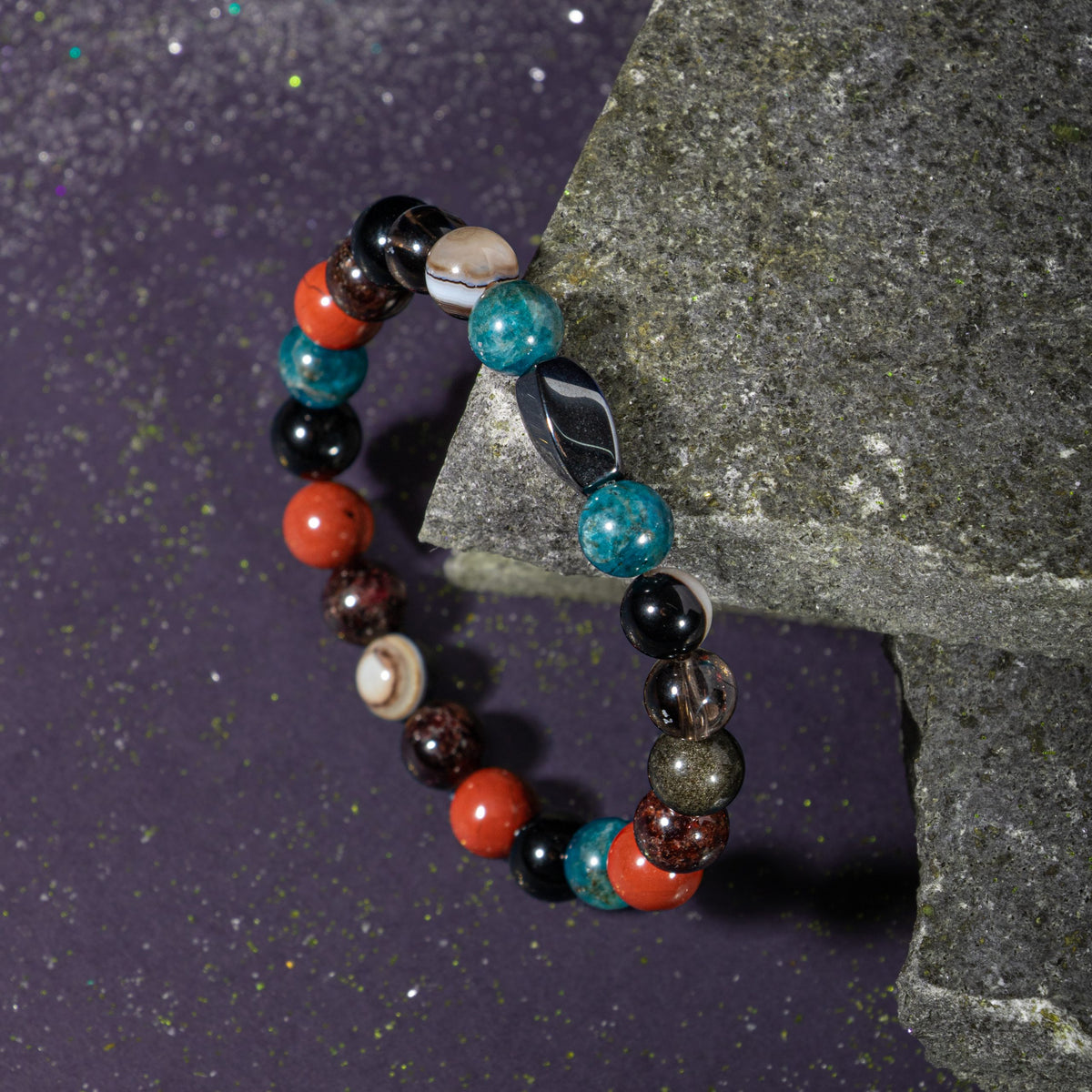 Başak Burcu Bileklik Bordo Granat Lal, Dumanlı Kuvars, Golden Obsidyen, Jasper, Mavi Apatit, Siyah Göz Akik