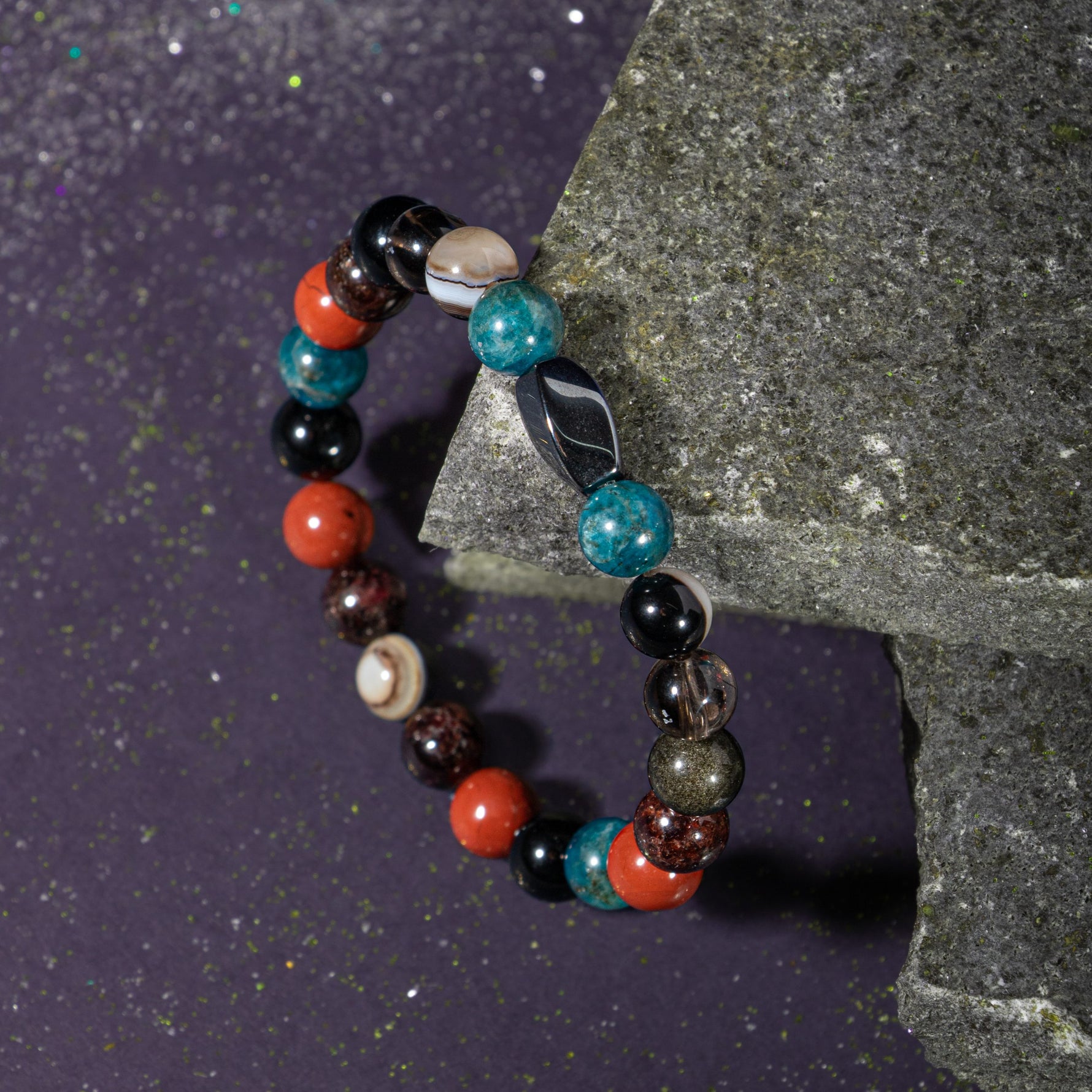 Başak Burcu Bileklik Bordo Granat Lal, Dumanlı Kuvars, Golden Obsidyen, Jasper, Mavi Apatit, Siyah Göz Akik