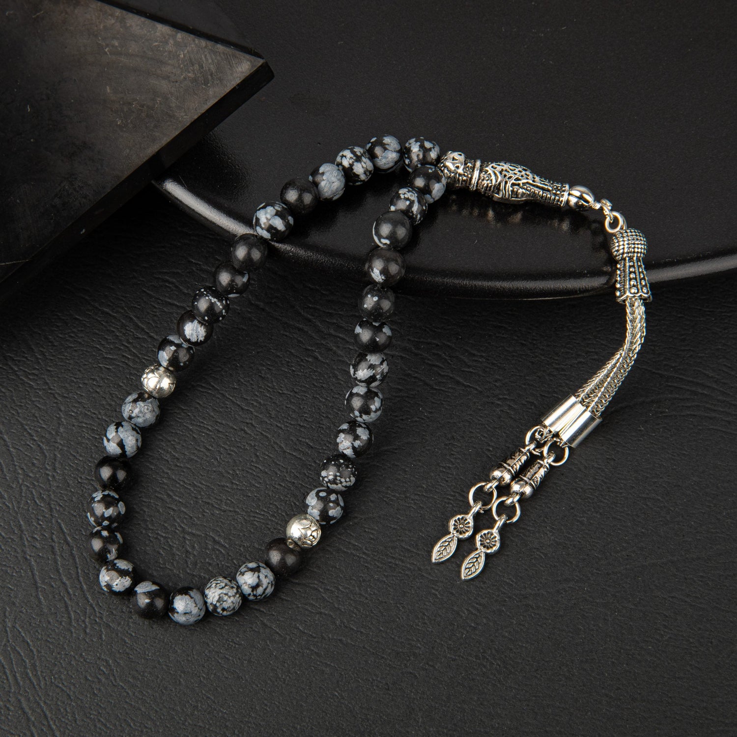 Karlı Obsidyen Doğal Taş Tesbih 33lük - 6mm