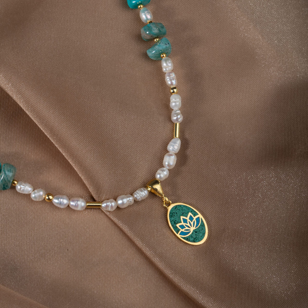İnci-Amazonit Doğal Taş Gümüş Kolye