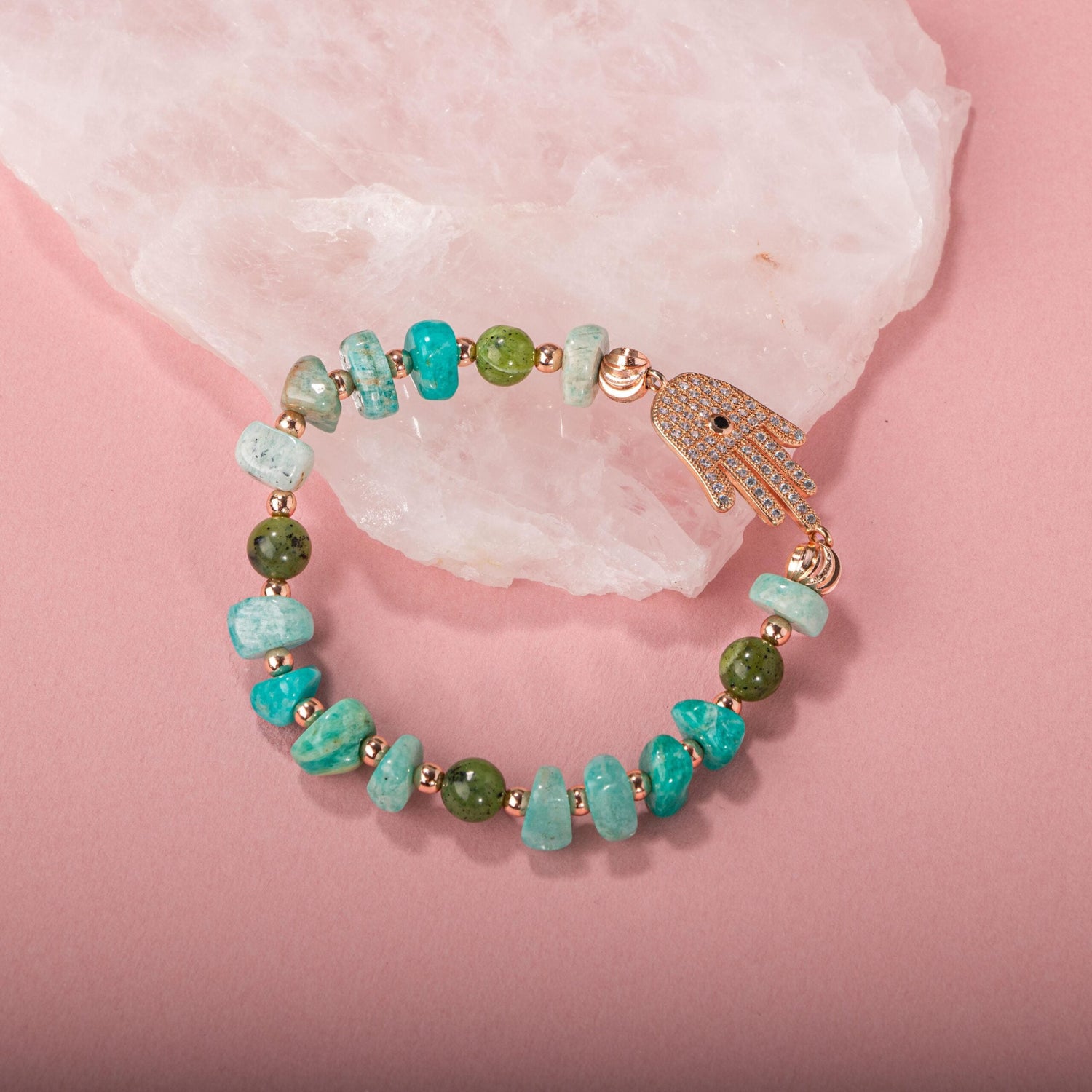 Amazonit-Yeşim Doğal Taş Hamsa Fatıma Eli Altın Kaplama Bileklik