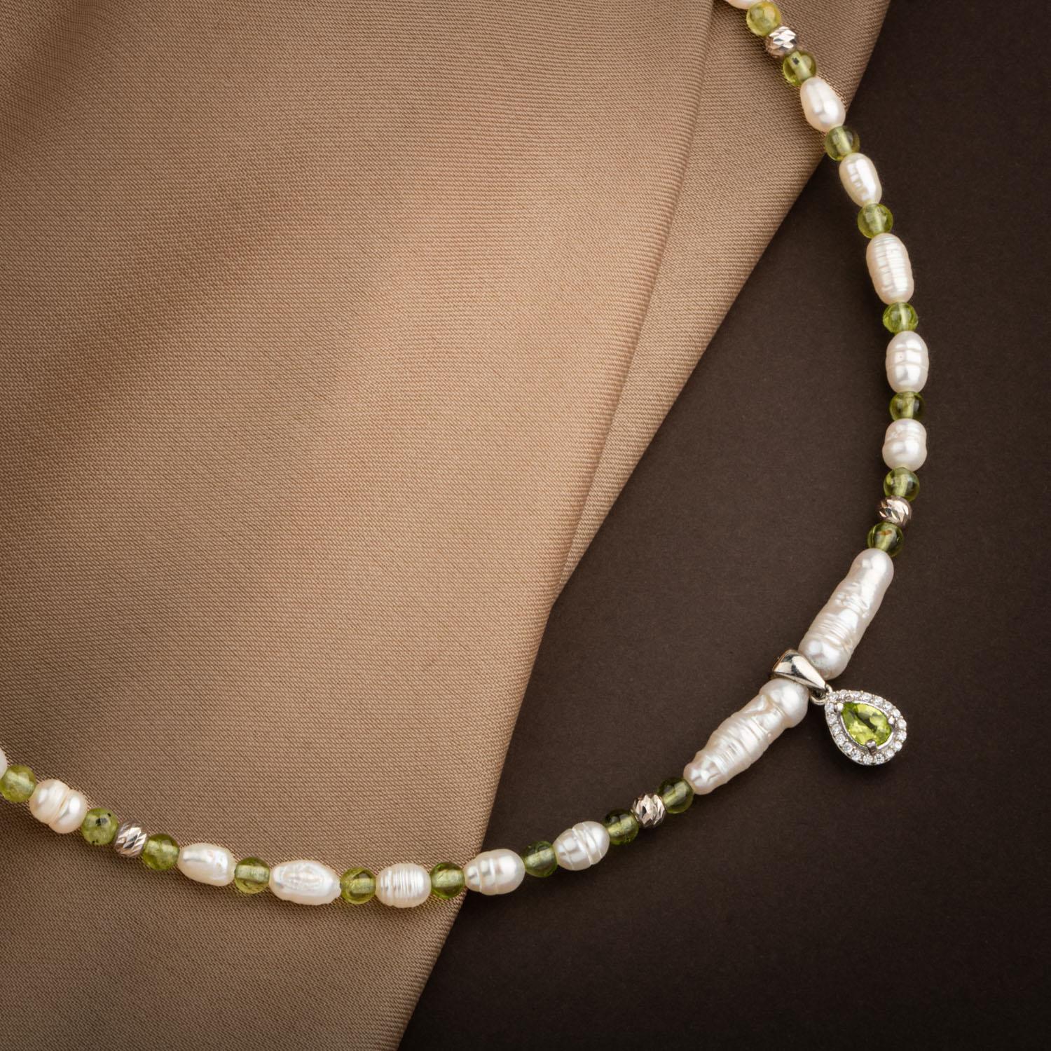 İnci-Zebercet Peridot Doğal Taş Gümüş Tasarım Kolye - 54cm