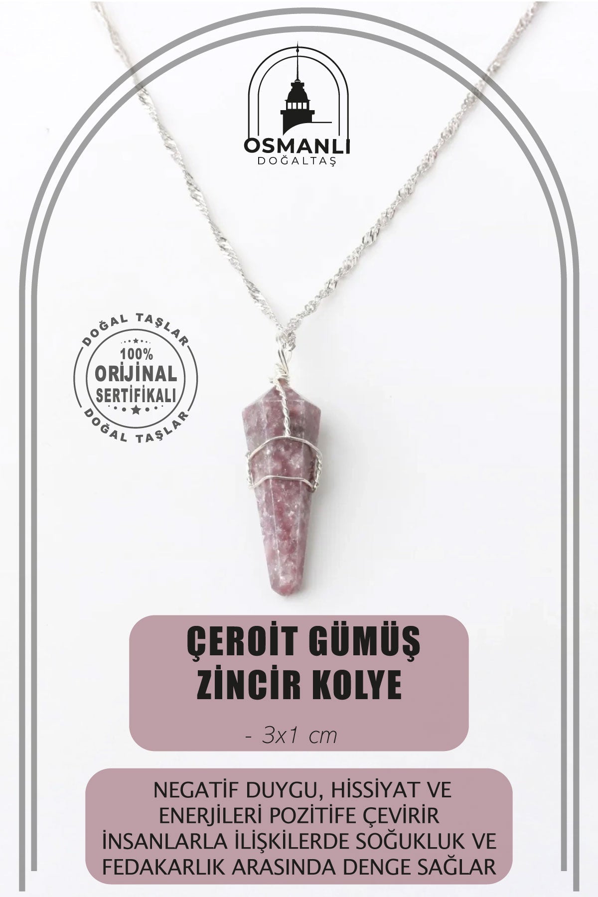 Çeroit Doğal Taş Kolye Ucu 3x1 cm, Gümüş Zincir