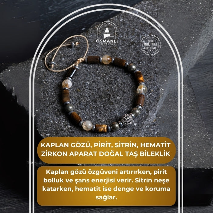 Sertifikalı Kaplan Gözü, Pirit, Sitrin, Hematit Zirkon Aparat Doğal Taş Makrome Bileklik