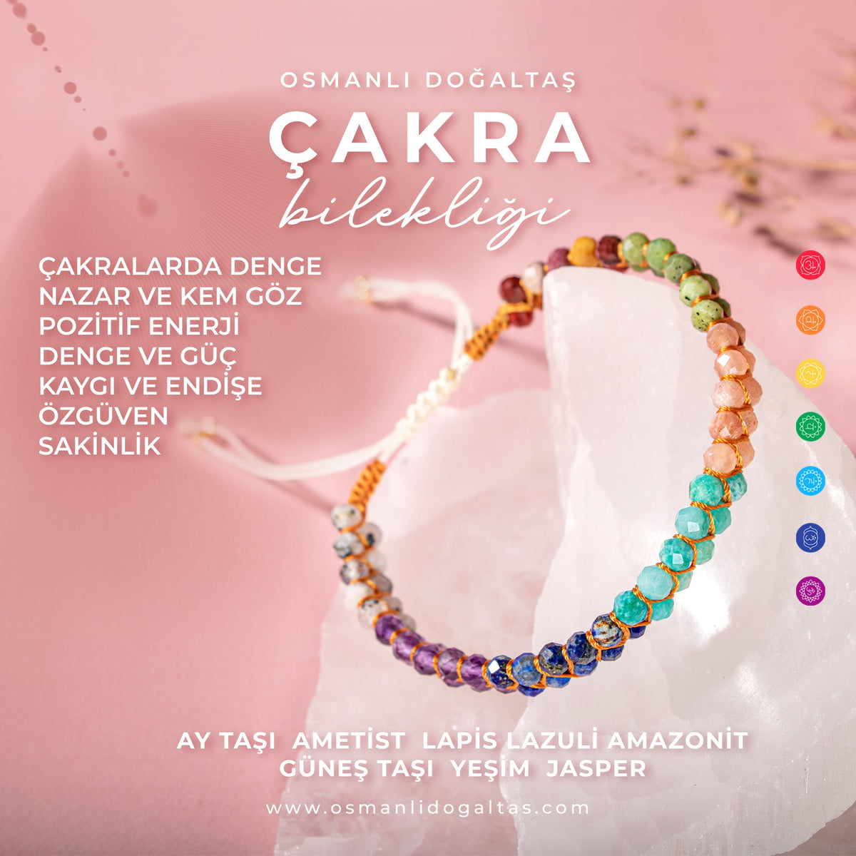 Çakra Bileklik Amazonit, Ametist, Güneş Taşı, Jasper, Lapis, Rutilli Kuvars