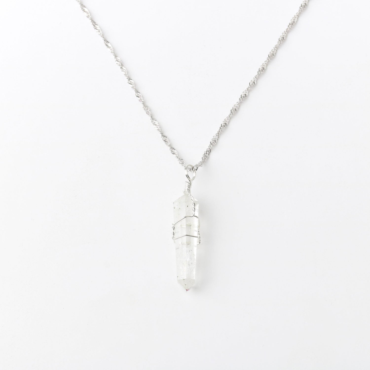 Kristal Kuvars Doğal Taş Kolye Ucu 3x1 cm, Gümüş Zincir