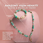 Amazonit-Yeşim-Hematit Doğal Taş Gümüş Fatıma Eli Kolye Bileklik Seti- 54cm