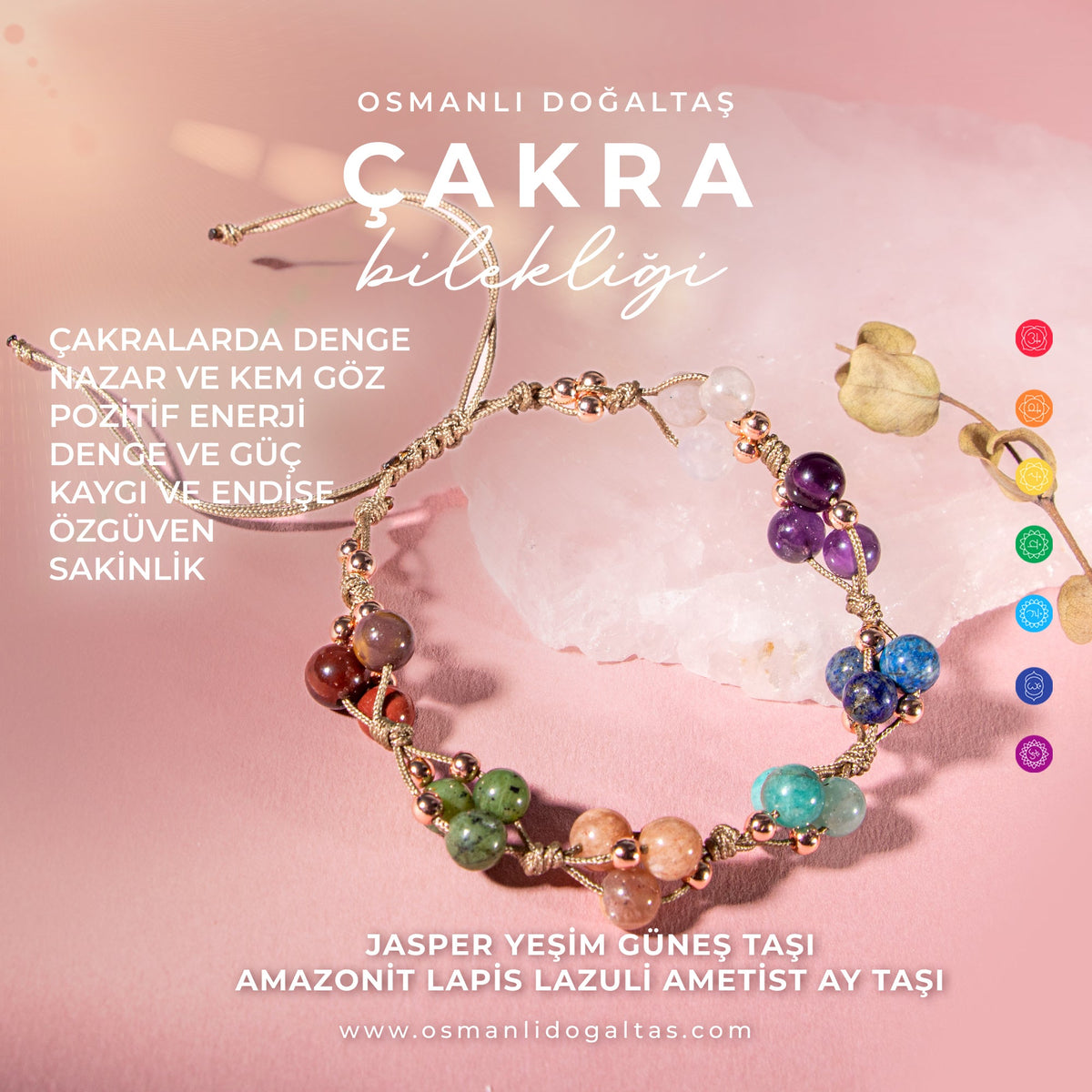 Çakra Bileklik BL-1294 Amazonit, Ametist, Ay Taşı, Güneş Taşı, Jasper, Lapis