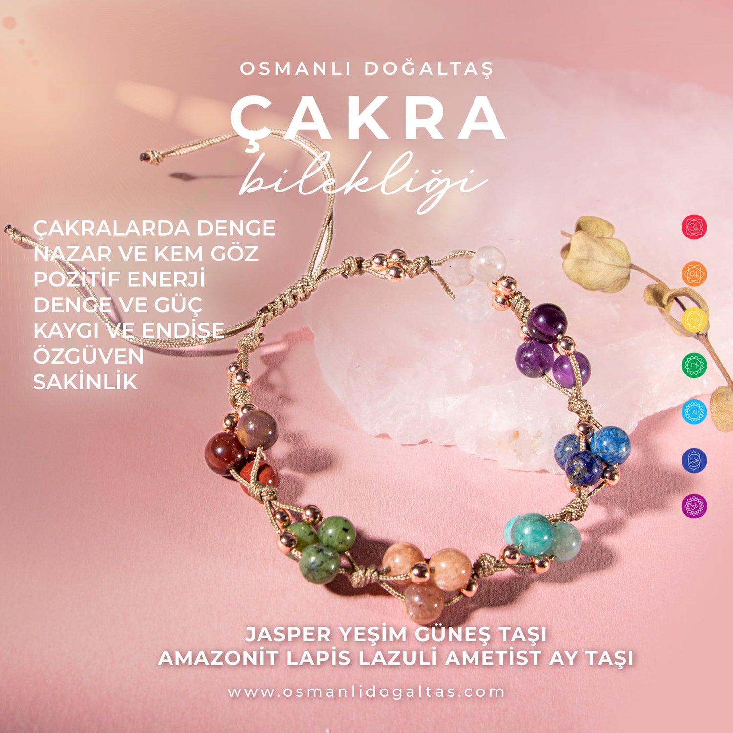 Çakra Bileklik BL-1294 Amazonit, Ametist, Ay Taşı, Güneş Taşı, Jasper, Lapis