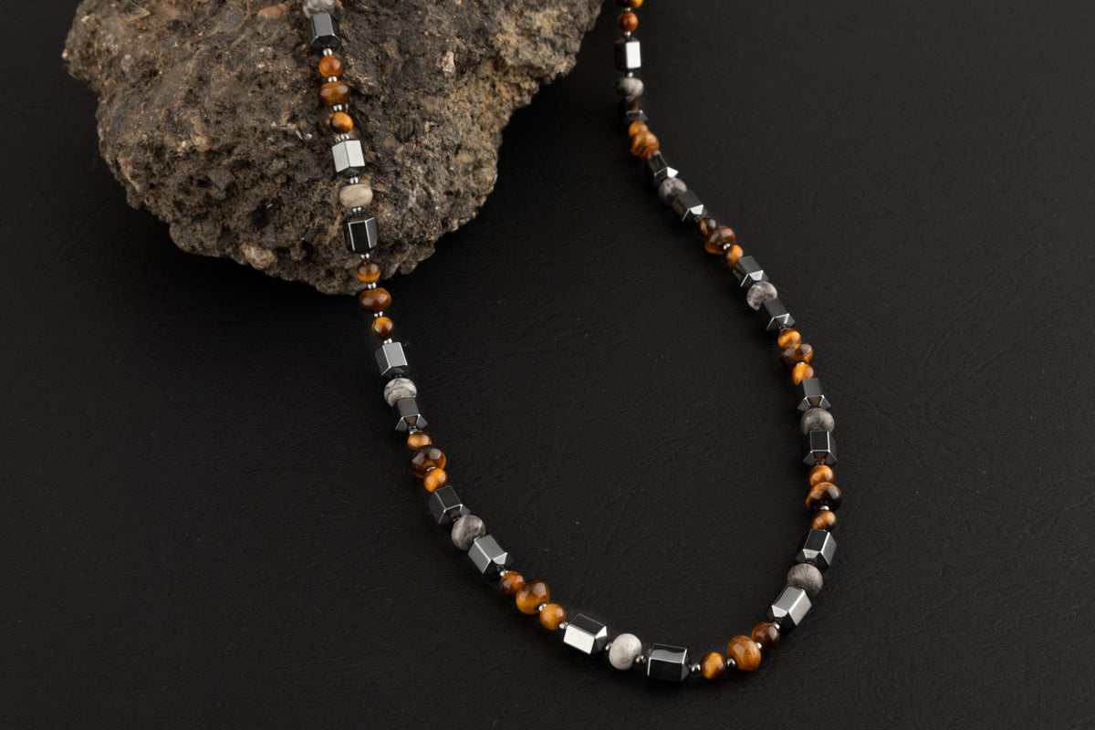 Kaplan Gözü-Gri Jasper-Hematit Doğal Taş Erkek Kolye