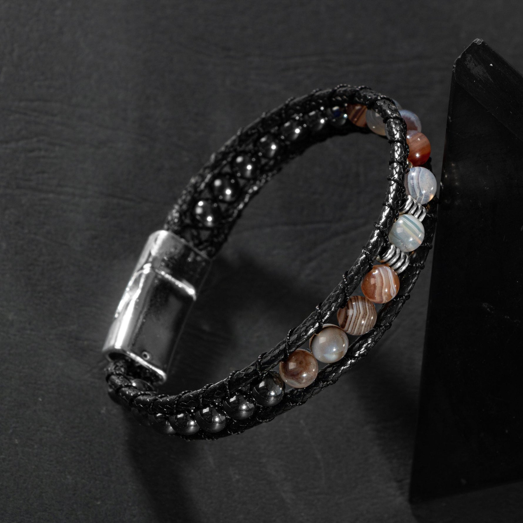 Botswana Akiği-Hematit Doğal Taş Erkek Makrome Bileklik