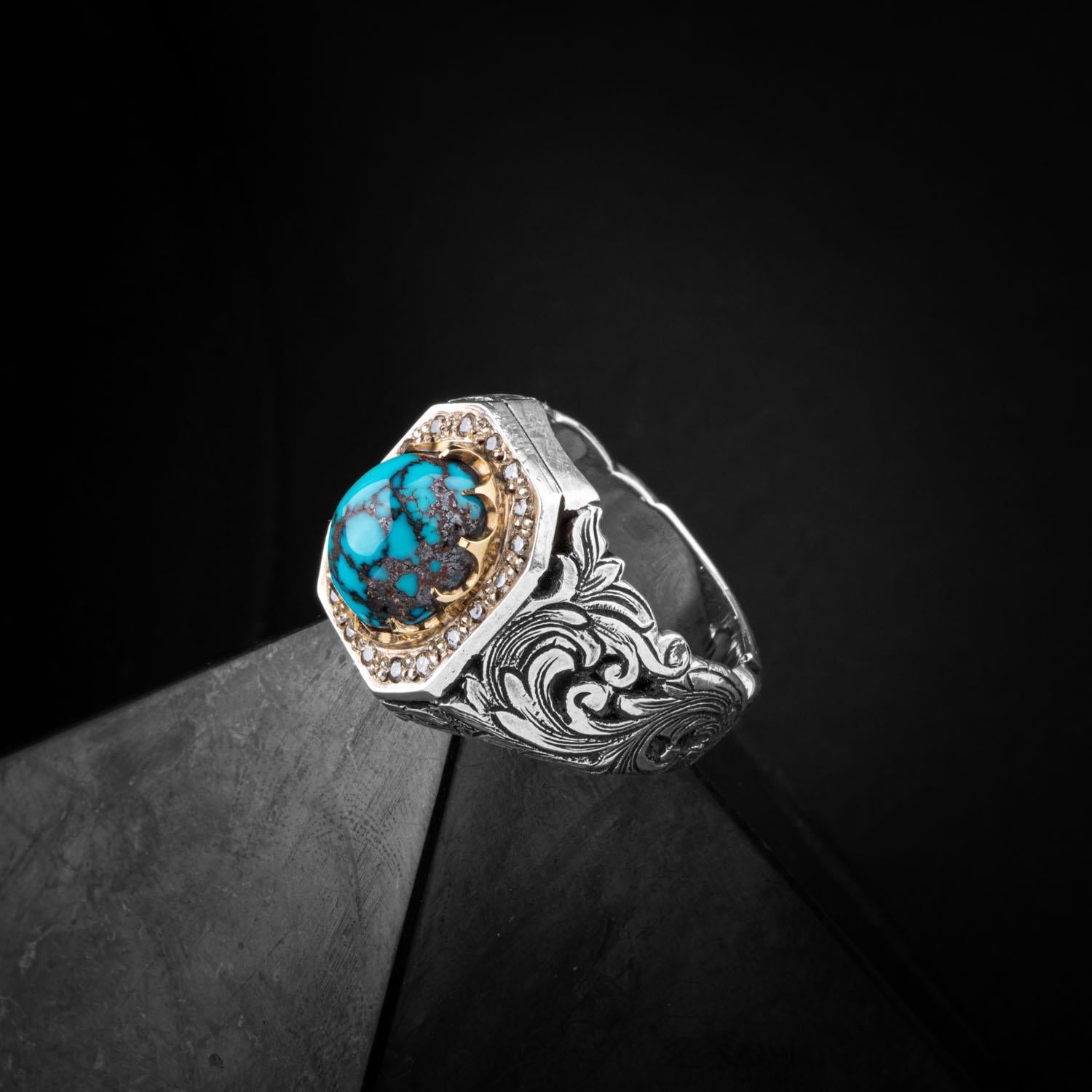 Turkuaz Firuze Doğal Taş Özel Koleksiyon İrityumlu (Kararmaz) Gümüş Yüzük