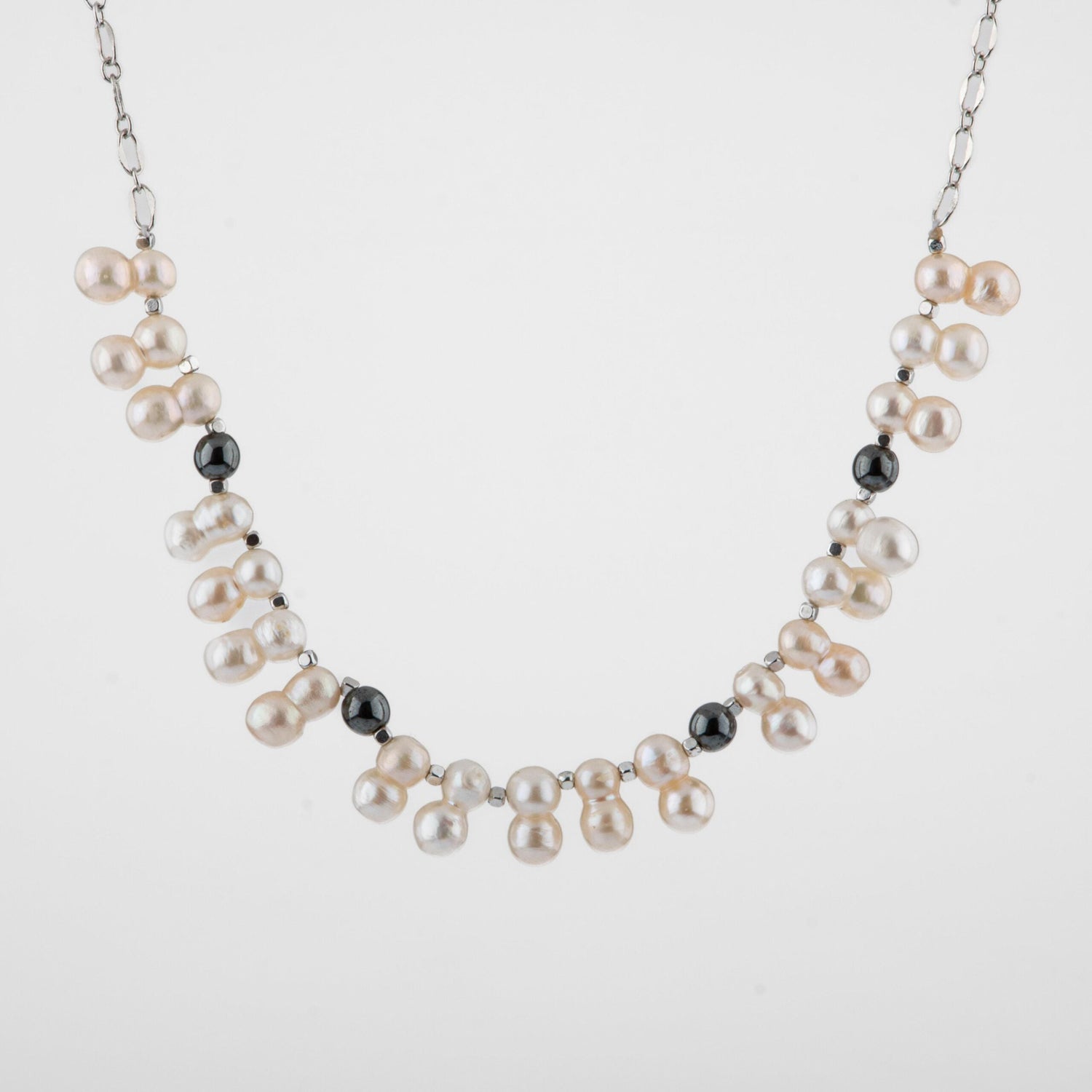 İkili Taş İnci-Hematit Doğal Taş Zincir Gümüş Kapama Kolye