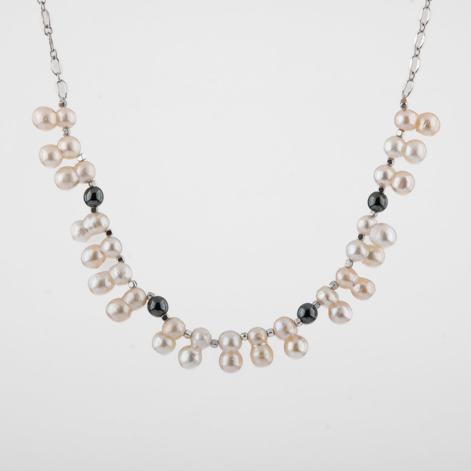 İkili Taş İnci-Hematit Doğal Taş Zincir Gümüş Kapama Kolye