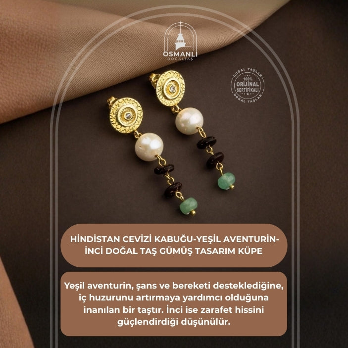 Hindistan Cevizi Kabuğu-Yeşil Aventurin-İnci Doğal Taş Gümüş Küpe