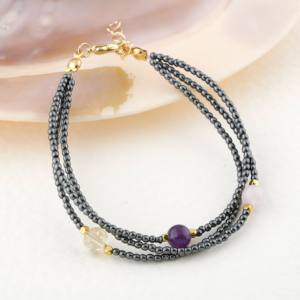 Ametist-Sitrin-Ay Taşı-Hematit Doğal Taş Altın Kaplama Kapama Bileklik