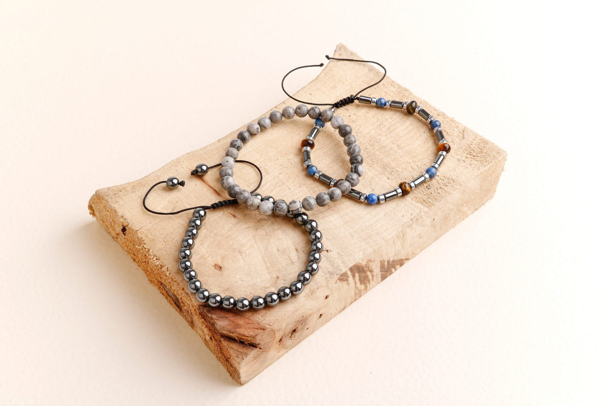 Hematit-Gri Jasper-Kaplan Gözü Erkek Doğal Taş Bileklik Seti