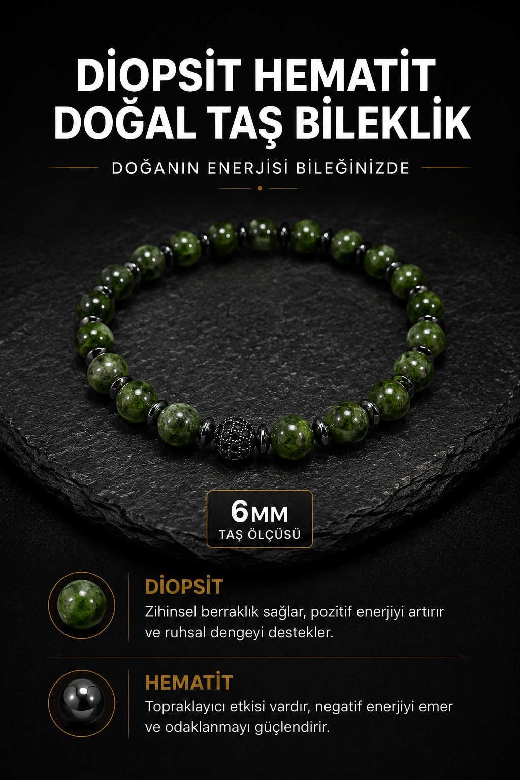 Diopsit Hematit Doğal Taş Bileklik 6 mm | Osmanlı Doğal Taş