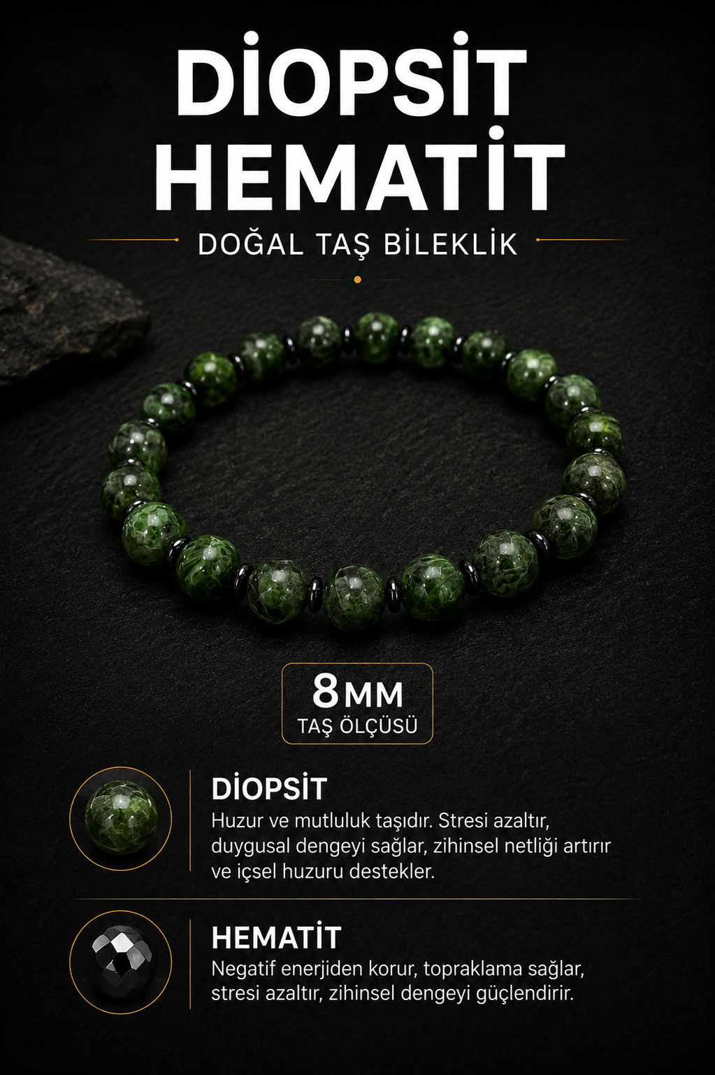 Diopsit Hematit Doğal Taş Bileklik 8 mm | Osmanlı Doğal Taş