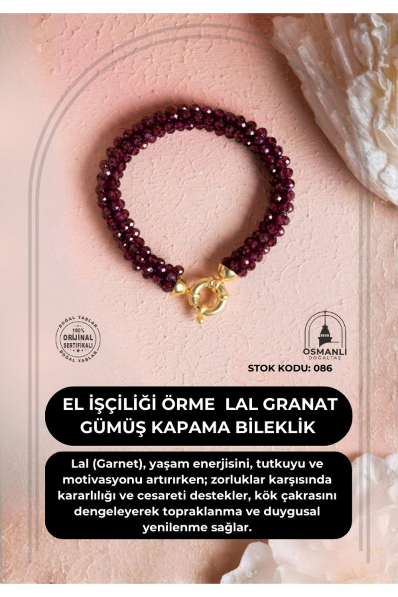 Sertifikalı El İşçiliği Örme Lal (Granat) Gümüş Kapama Bileklik (SK:086)