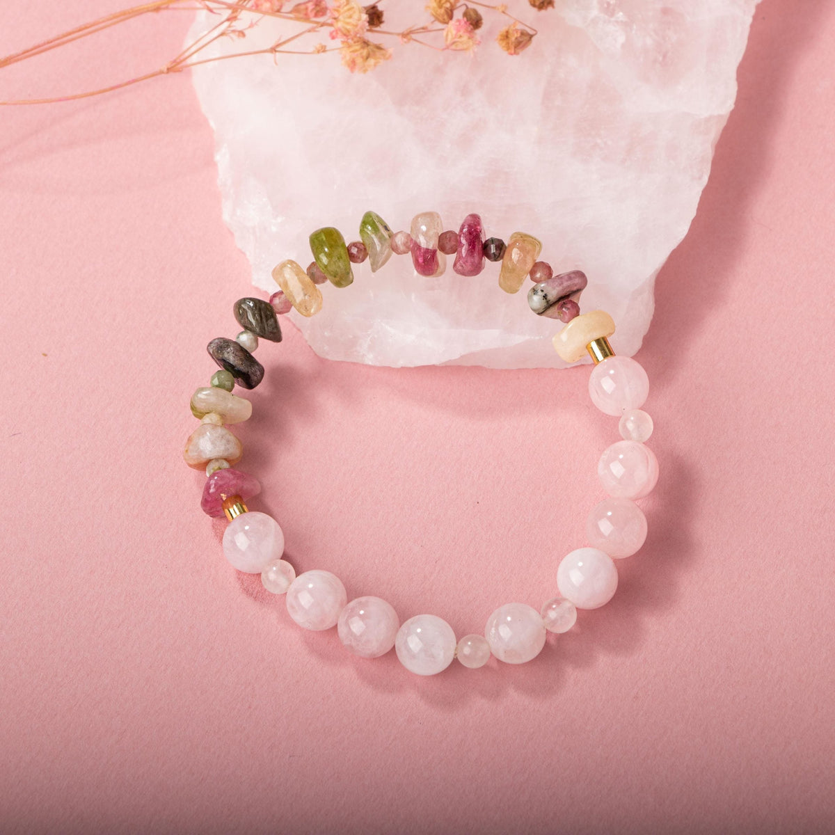 Renkli Turmalin-Pembe Kuvars Doğal Taş Bileklik