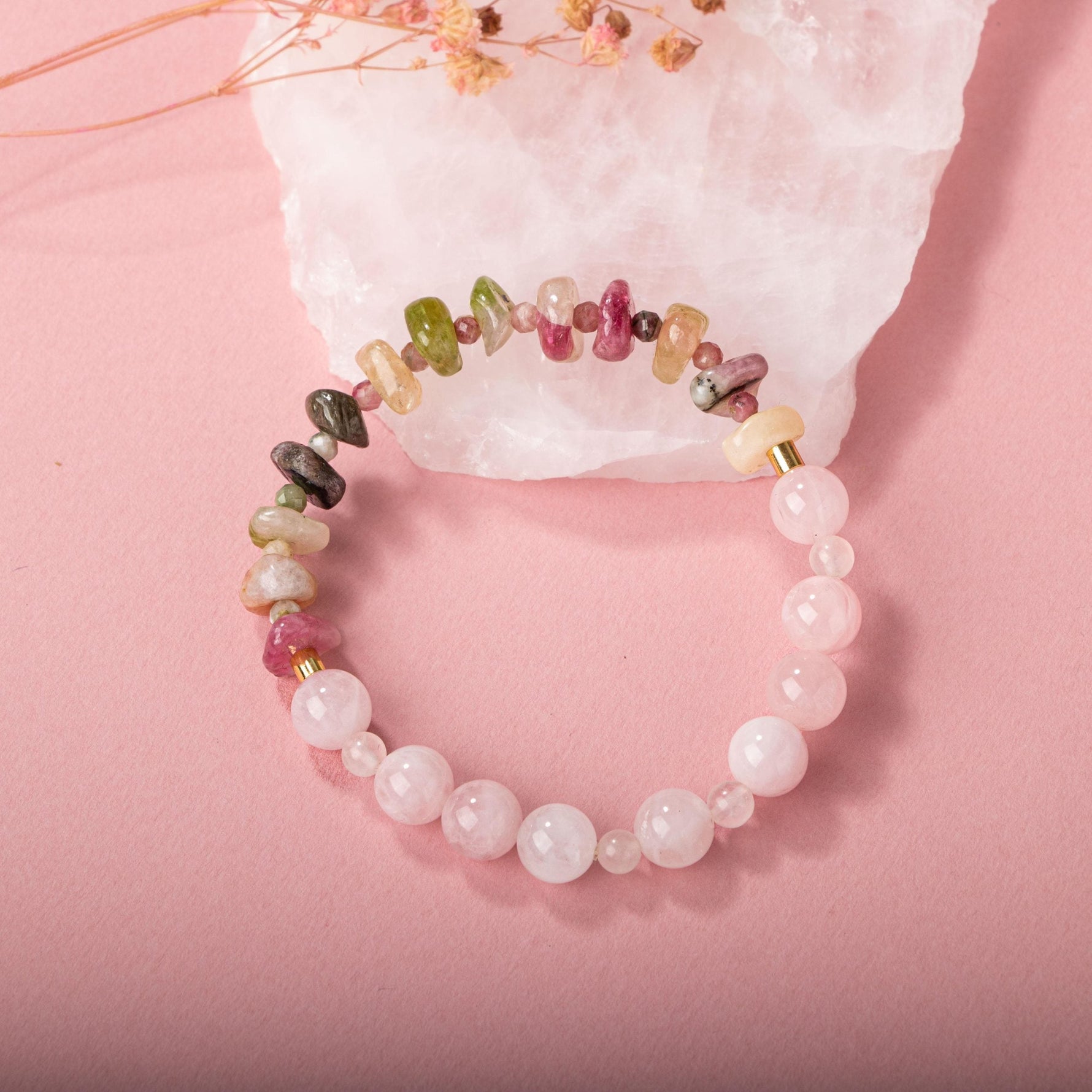 Renkli Turmalin-Pembe Kuvars Doğal Taş Bileklik