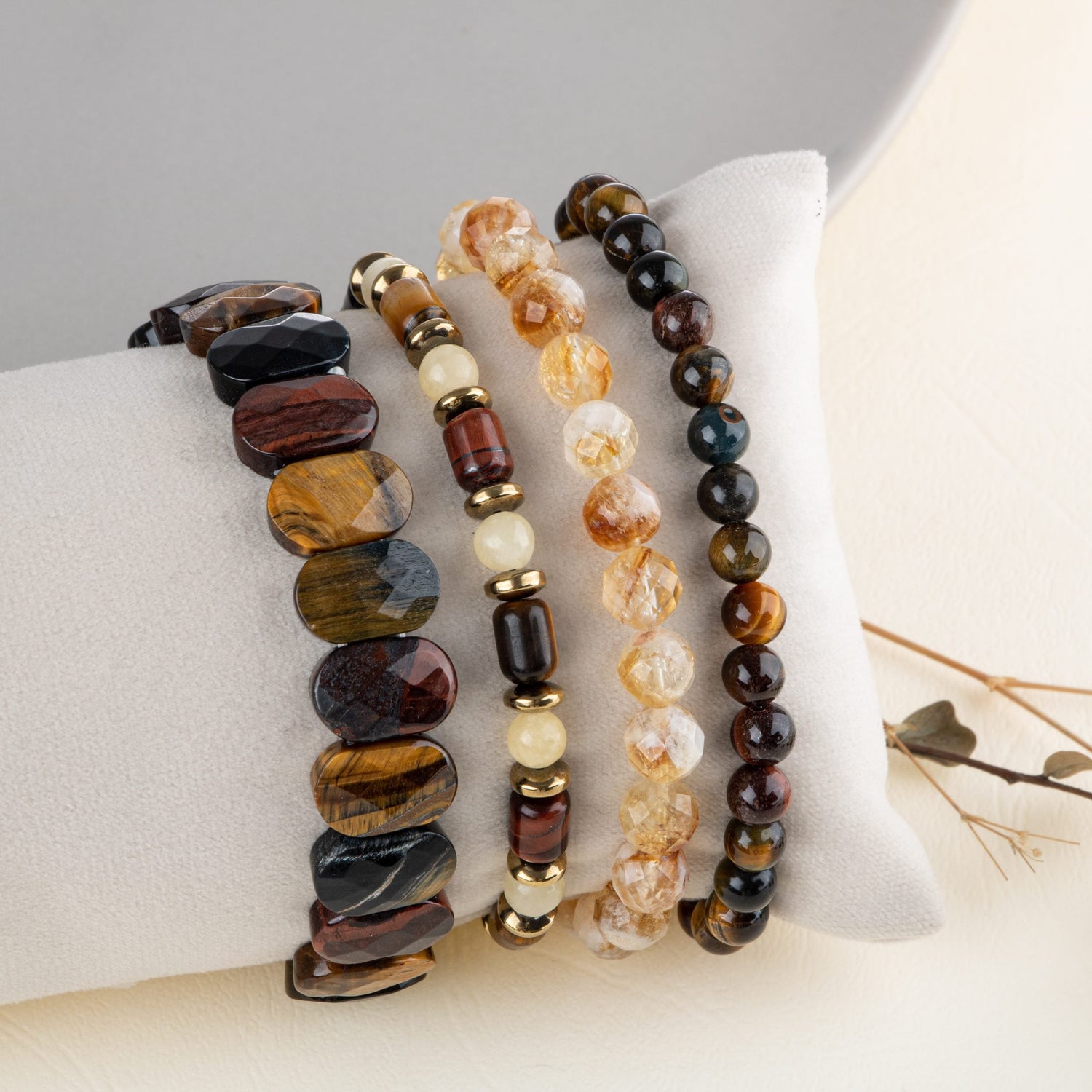 Kaplan Gözü-Kalsit-Sitrin-Hematit Doğal Taş Kadın Bileklik Seti