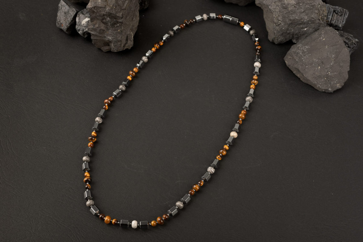 Kaplan Gözü-Gri Jasper-Hematit Doğal Taş Erkek Kolye