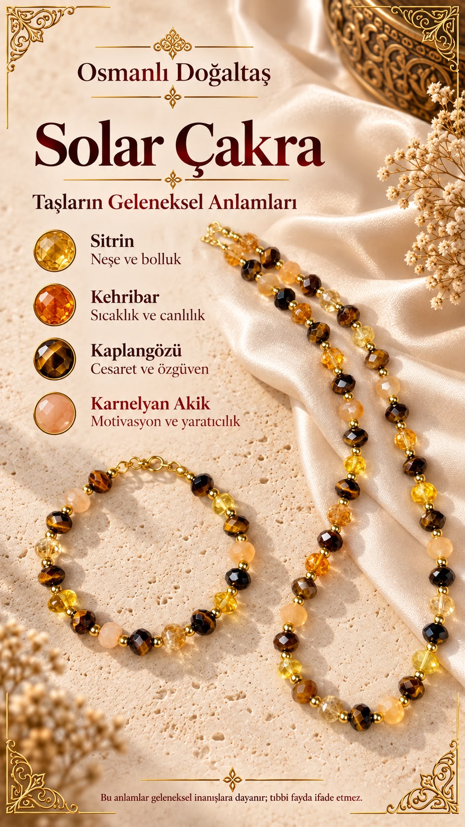 Solar Çakra Doğal Taş Kolye & Bileklik Seti Sitrin - Kehribar - Kaplan Gözü - Karnelyan Akik