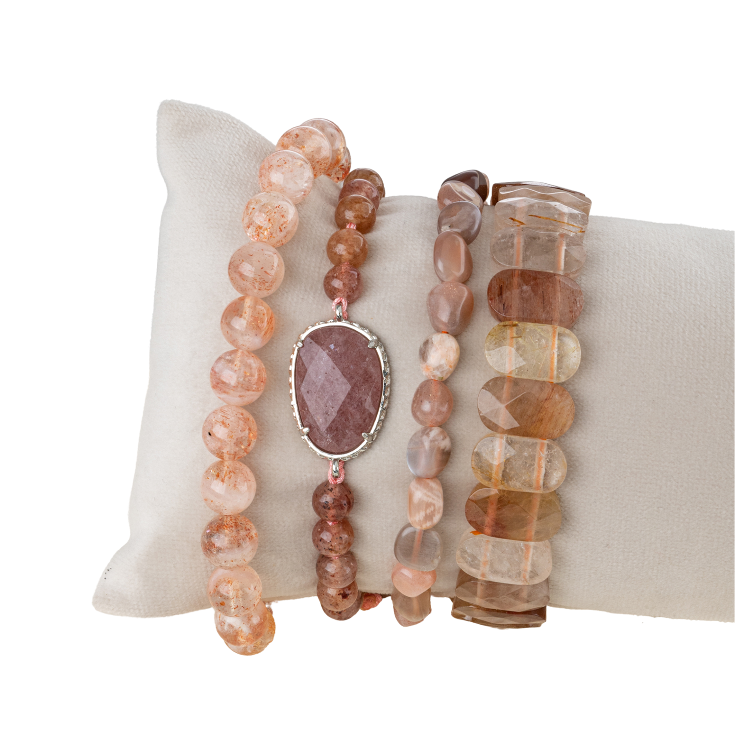 Güneş Taşı-Çilek Kuvars-Altın Rutilli Kuvars Doğal Taş Kadın Bileklik Seti