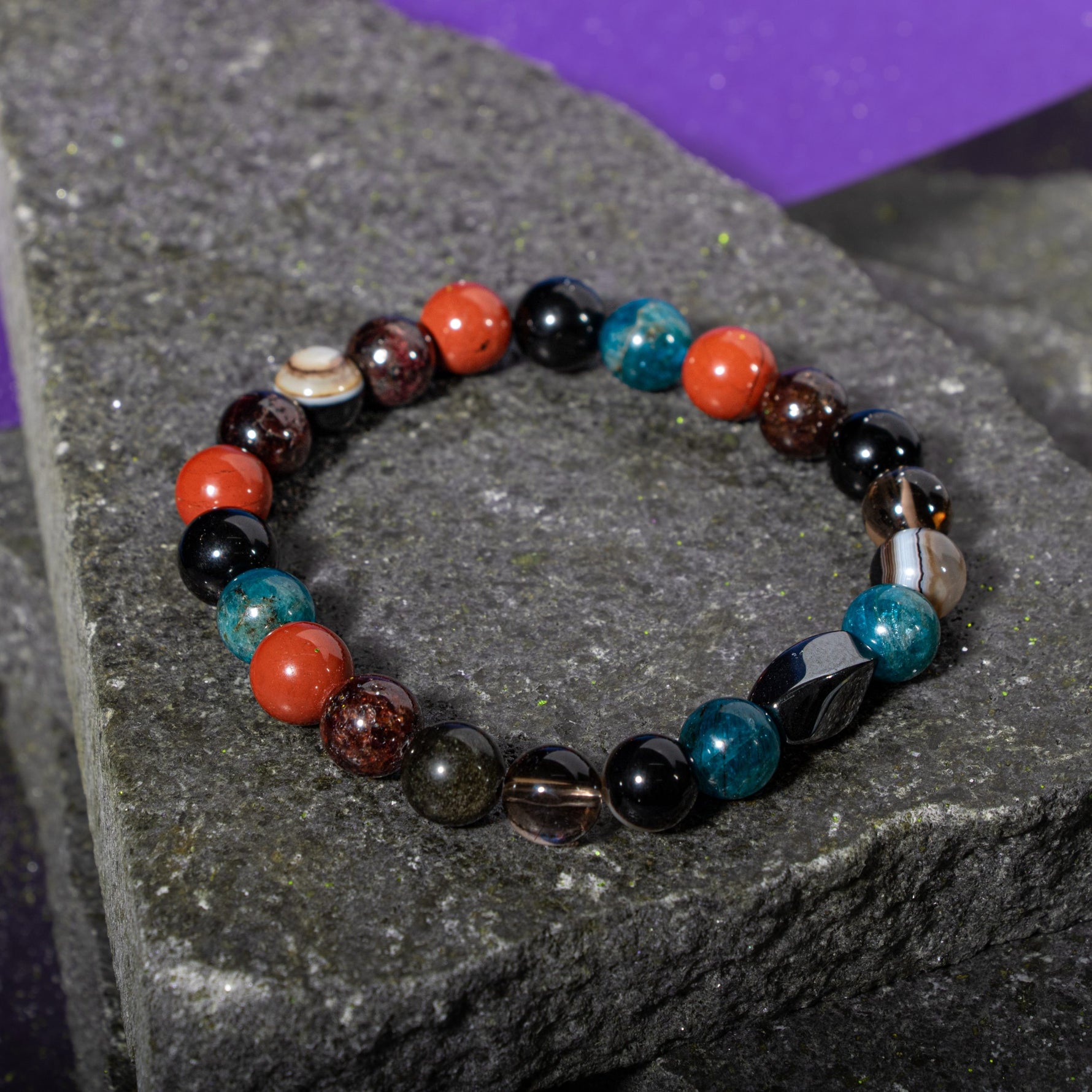 Başak Burcu Bileklik Bordo Granat Lal, Dumanlı Kuvars, Golden Obsidyen, Jasper, Mavi Apatit, Siyah Göz Akik