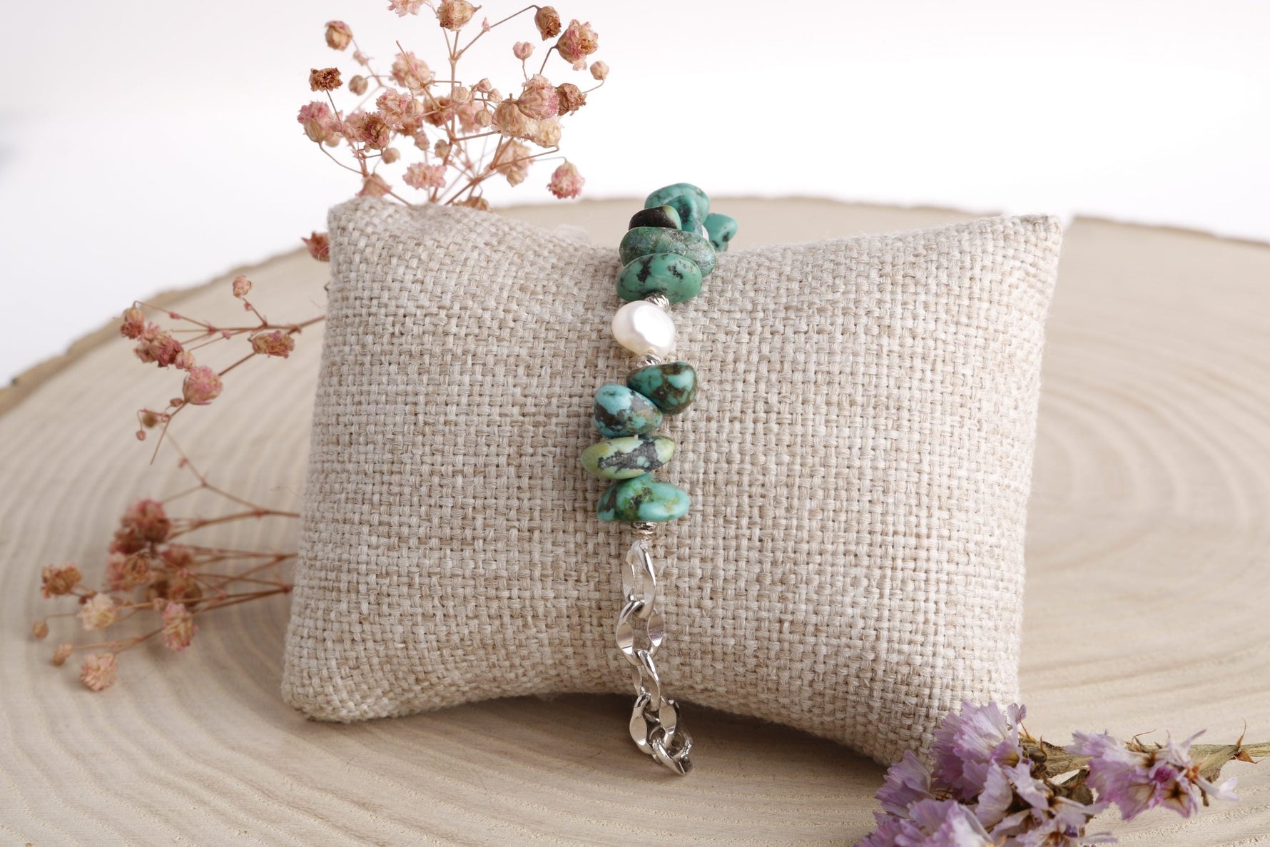 Mia, Turkuaz Firuze-İnci Doğal Taş Charm Bileklik