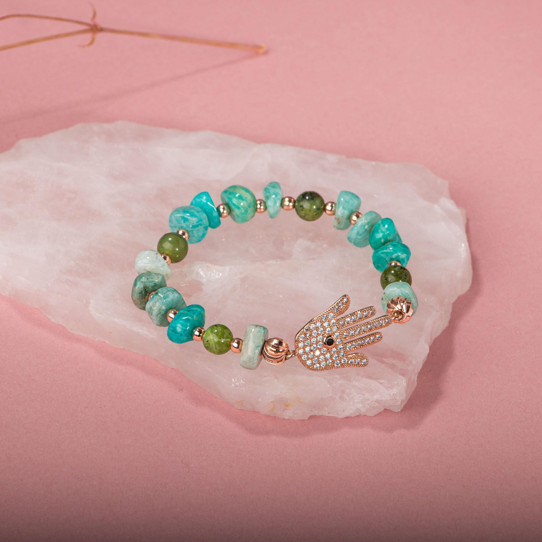 Amazonit-Yeşim Doğal Taş Hamsa Fatıma Eli Altın Kaplama Bileklik