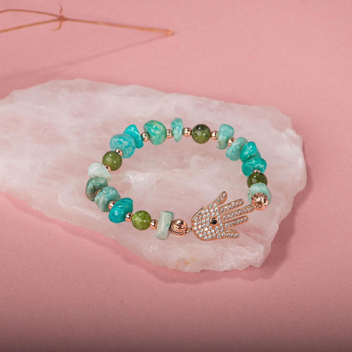 Amazonit-Yeşim Doğal Taş Hamsa Fatıma Eli Altın Kaplama Bileklik