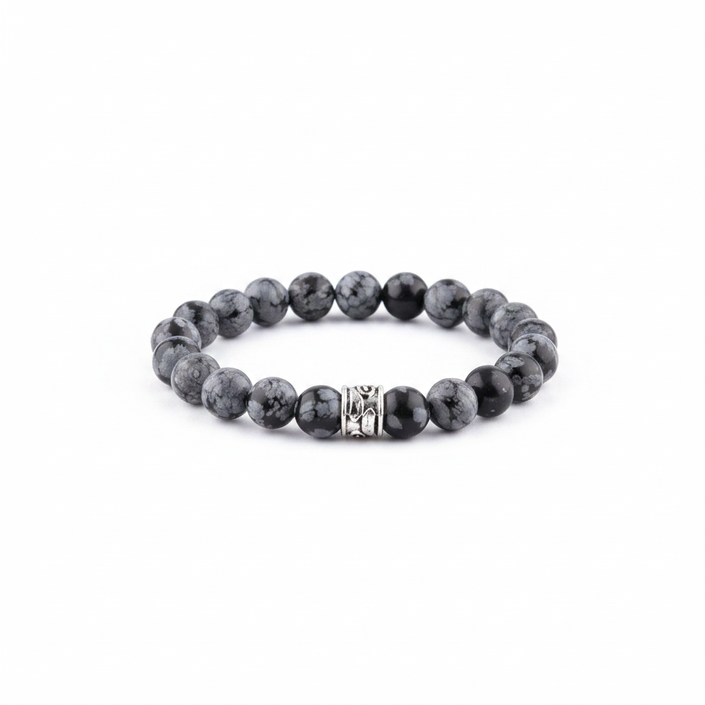 Orijinal & Sertifikalı Unisex Denge Huzur Pozitif Enerji Karlı Obsidyen Doğal Taş Bileklik 8 mm - beyaz fon