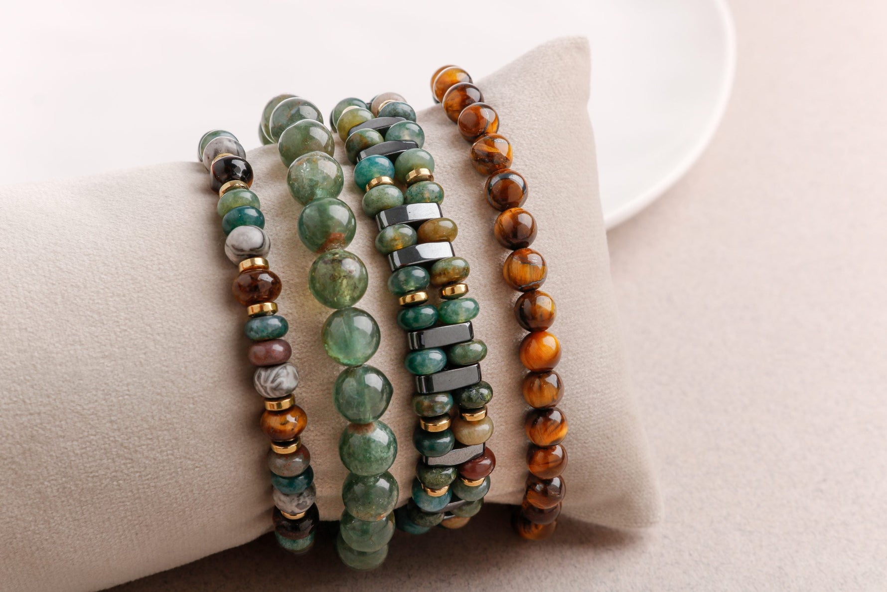 Hematit-Kan Taşı-Yeşil Apatit-Gri Jasper-Kaplan Gözü Erkek Doğal Taş Bileklik Seti